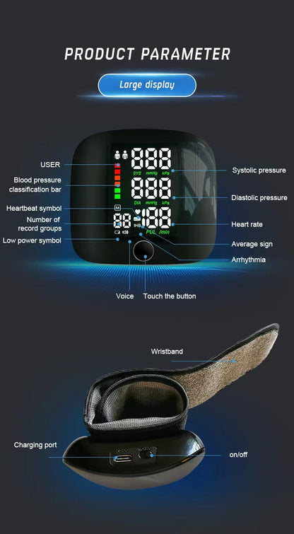 𝐀𝐮𝐭𝐨𝐦𝐚𝐭𝐢𝐜 𝐖𝐫𝐢𝐬𝐭 𝐁𝐏 𝐌𝐨𝐧𝐢𝐭𝐨𝐫™ - Clinically Accurate w/ Large Backlit Display, Adjustable Cuff, Voice Broadcast & Case