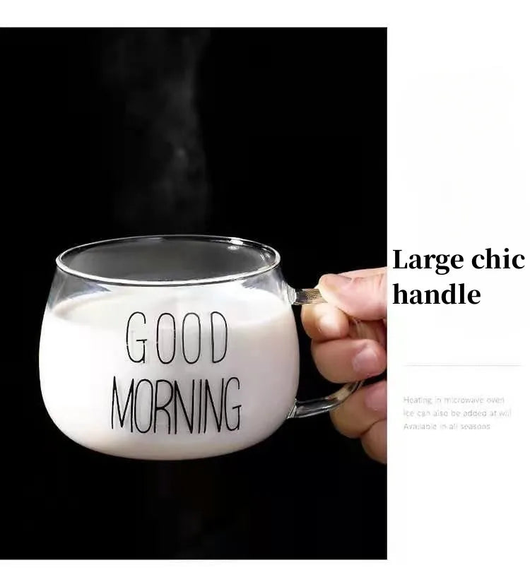 Morning Vibes Match | Good Morning Glass Mug (500ml) – Transparent Coffee, Milk & Breakfast Cup with Handle, Drinkware Gift Set